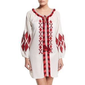 Figue Tula Embroidered Pink Tassel tie white long sleeve Dress NWT Womens XXS